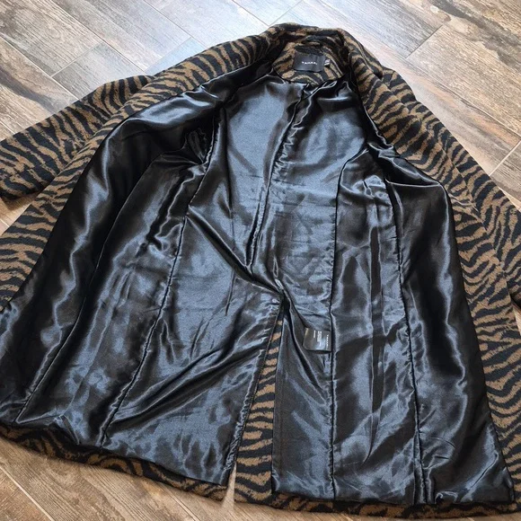Tahari Black & Brown Wool Blend Lined 1 Button Zebra Print Midi Coat Pockets XS - Picture 7 of 9
